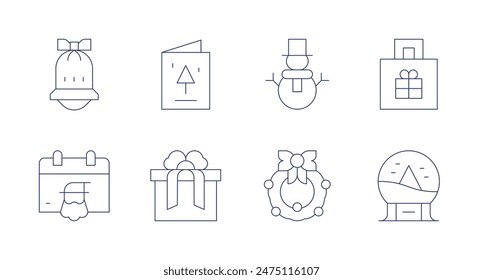 Navidades iconos. Trazo editable. Conteniendo campana, calendario, tarjeta de navidad, regalo de navidad, bola de nieve, muñeco de nieve, corona.