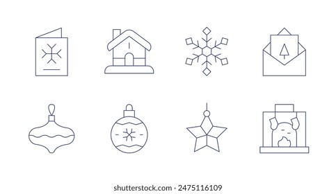 Christmas icons. Editable stroke. Containing bauble, card, christmasball, christmascard, christmashouse, fireplace, snowflake, star.