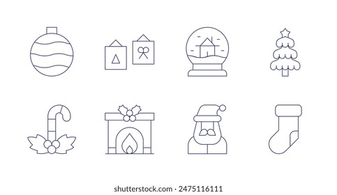 Christmas icons. Editable stroke. Containing bauble, candycane, christmassock, christmastree, santa, snowball.