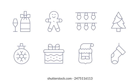 Navidades iconos. Trazo editable. Contiene adornos, champán, luces de navidad, regalo, pan de jengibre, santaclaus, calcetín, árbol.