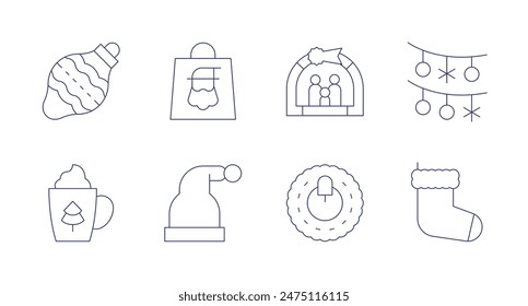 Christmas icons. Editable stroke. Containing bauble, chocolate, christmassock, giftbag, hat, lights, nativityscene, wreath.