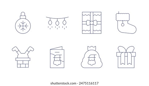 Christmas icons. Editable stroke. Containing bauble, chimney, christmaspresent, greetingcard, lights, present, santaclaus.