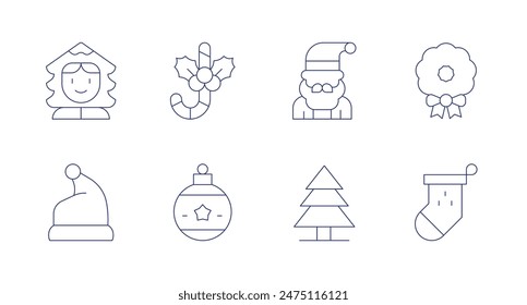 Christmas icons. Editable stroke. Containing boy, christmasball, christmasholly, pine, santaclaus, santahat.