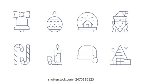 Christmas icons. Editable stroke. Containing bell, candycane, christmasball, christmascandle, christmastree, elf, santahat, snowball.