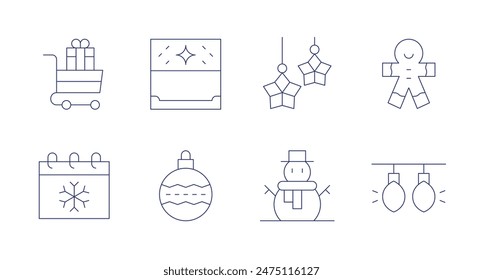 Christmas icons. Editable stroke. Containing calendar, cart, christmasball, christmaslights, gingerbreadman, light, snowman, stars.