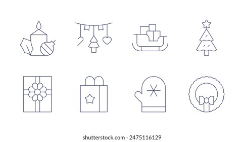 Christmas icons. Editable stroke. Containing box, candle, christmastree, christmaswreath, garland, giftbag, mittens, sledge.