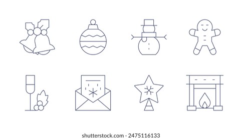 Christmas icons. Editable stroke. Containing bells, champagne, christmasball, christmascard, fireplace, gingerbreadman, snowman, star.