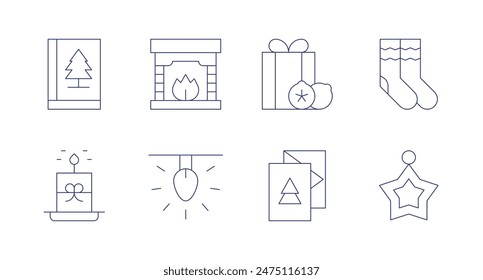 Christmas icons. Editable stroke. Containing book, candle, christmascard, christmaspresent, fireplace, light, socks, star.