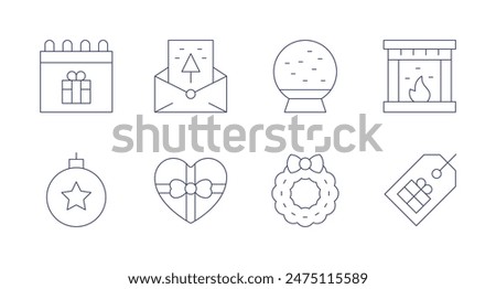 Christmas icons. Editable stroke. Containing bauble, calendar, christmascard, christmaspresent, fireplace, label, snowball, wreath.