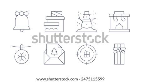 Christmas icons. Editable stroke. Containing bauble, bell, christmascard, christmaspresent, fireplace, gift, snowman, target.