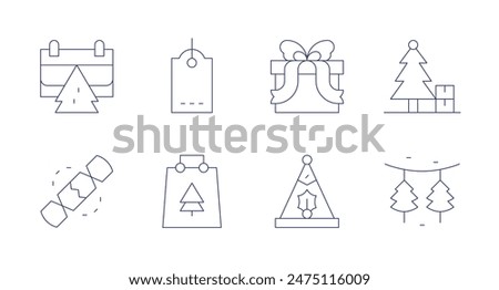 Christmas icons. Editable stroke. Containing christmas, christmasday, christmaspresent, christmastree, decoration, gift, gifttag, partyhat.