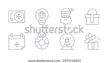 Christmas icons. Editable stroke. Containing christmas, christmasmusic, christmaspresent, gift, idea, santaclaus, snowglobe, wreath.