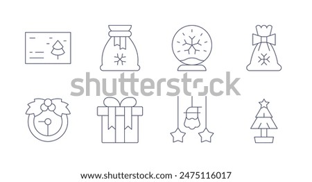 Christmas icons. Editable stroke. Containing christmas, christmasclock, christmaspresent, christmastree, gift, giftbag, ornament, snowball.