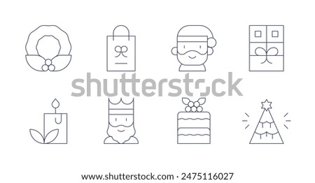 Christmas icons. Editable stroke. Containing candle, christmas, christmaspresent, christmastree, gaspar, giftbag, redvelvet, santaclaus.