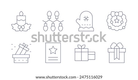 Christmas icons. Editable stroke. Containing candle, chimney, christmaspresent, christmaswreath, greetingcard, lights, mitten, present.
