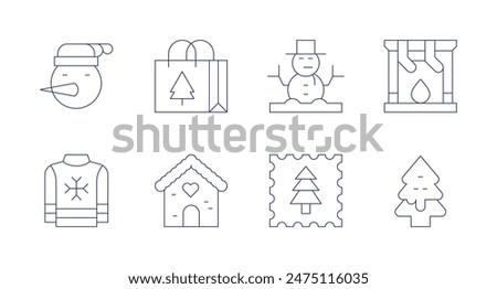 Christmas icons. Editable stroke. Containing christmaspresent, fireplace, gingerbread, gingerbreadhouse, snowman, stamp, sweater.