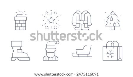Christmas icons. Editable stroke. Containing boot, chimney, christmaspresent, christmastree, fireworks, gnome, santaclaus, sled.