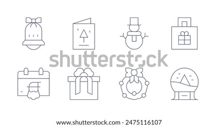 Christmas icons. Editable stroke. Containing bell, calendar, christmascard, christmaspresent, gift, snowball, snowman, wreath.