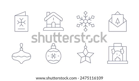 Christmas icons. Editable stroke. Containing bauble, card, christmasball, christmascard, christmashouse, fireplace, snowflake, star.