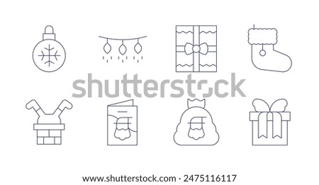 Christmas icons. Editable stroke. Containing bauble, chimney, christmaspresent, greetingcard, lights, present, santaclaus.