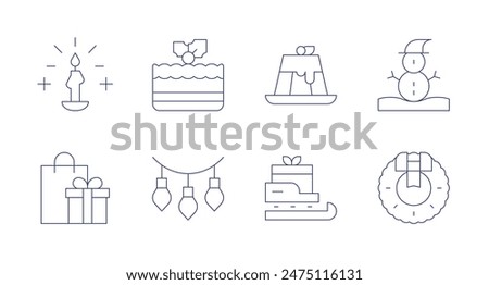 Christmas icons. Editable stroke. Containing boxingday, candle, christmaspresent, christmaswreath, garland, pudding, sleigh, snowman.