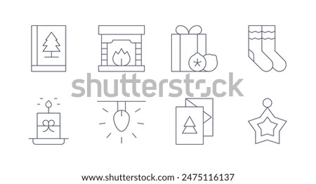 Christmas icons. Editable stroke. Containing book, candle, christmascard, christmaspresent, fireplace, light, socks, star.