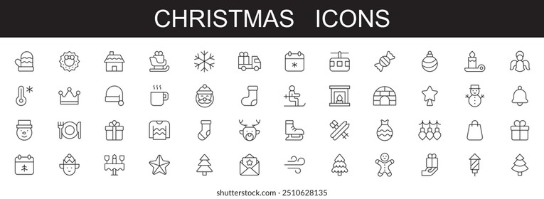 Christmas icons . editable stroke line icons, vector illustration on white background Santa claus, gift, angel, box, bow, bell, christmas tree, fireworks, snow, snowman,