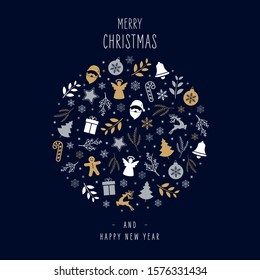 Christmas icons elements decoration bauble greeting card on blue background