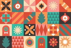 Christmas Icons Elements With Geometric Bauhaus Seamless Vector Pattern For Wrapping Paper, Background, Wallpaper. Holiday Season, Modern, Contemporary Abstract Design.