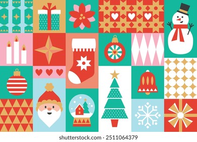 Christmas icons elements with geometric Bauhaus seamless vector pattern for wrapping paper, background, wallpaper. Holiday season, modern, contemporary abstract design.