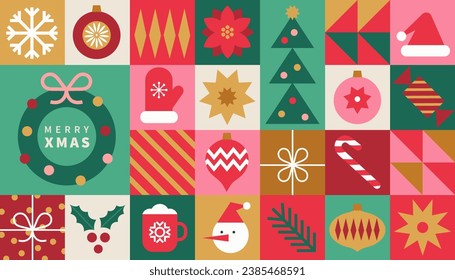 Christmas icons elements with geometric pattern. Merry Christmas and Happy New Year abstract modern background. Trendy design for banner, card, cover, poster, advertising, wallpaper, packaging.