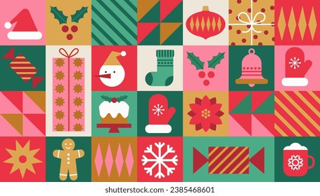 Christmas icons elements with geometric pattern. Merry Christmas and Happy New Year abstract modern background. Trendy design for banner, card, cover, poster, advertising, wallpaper, packaging.