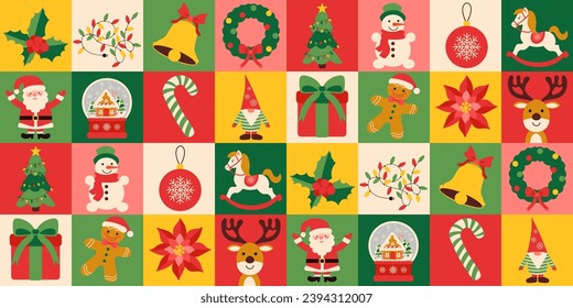 Christmas icons elements with geometric pattern. Vector flat design for poster card, wallpaper, poster, banner, packaging. Merry Christmas and Happy New year background.