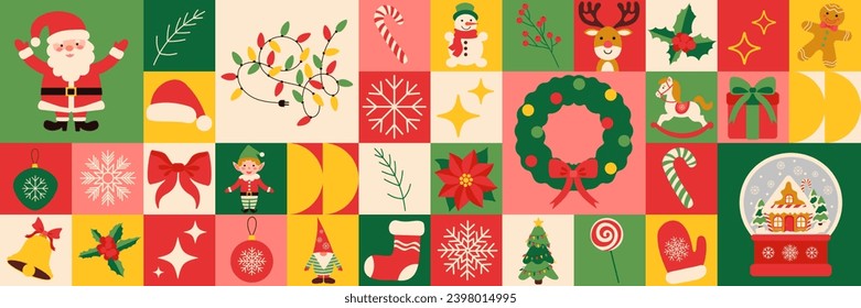 Elementos de iconos de Navidad con patrón geométrico. Diseño de vectores planos para afiches, tarjetas, papel pintado, afiches, banner, embalaje. Santa Claus, bola de Navidad roja, arco de cinta