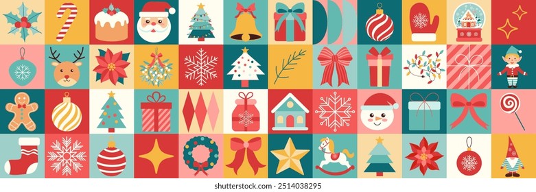 Christmas icons elements with geometric pattern. The image is a collage of various Christmas symbols, including a Santa Claus, a Christmas tree