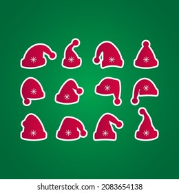 Christmas icons elements with geometric patterns. The premium shape stands out. Holidays 2021 vector illustration. Santa hat, balls, bell, Xmas tree, and candy canes.