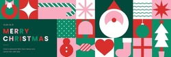 Christmas Icons Elements With Geometric Seamless Pattern For Wrapping Paper, Background, Wallpaper. Holiday Season, Trendy, Contemporary Abstract Design. Modern Style. Flat Vector Illustration.