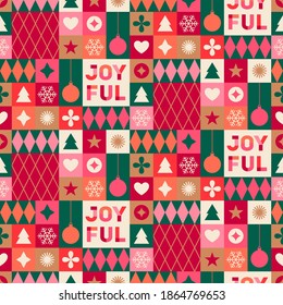 Christmas icons elements with geometric seamless pattern.