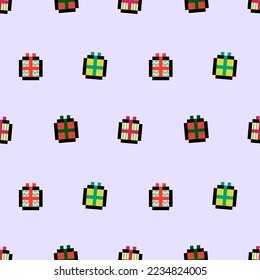 Elementos de iconos de Navidad con un patrón geométrico sin costuras. Diseño de Año Nuevo. Regalos, pasteles en píxeles de arte. para envolver regalos de papel, decoración de diseño de paquetes.