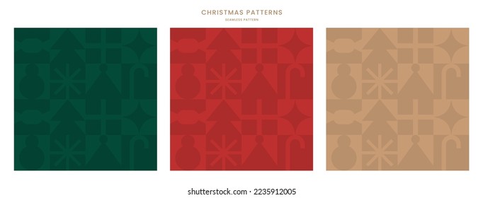 Christmas icons elements with geometric seamless pattern. Web banner, poster, brochure, background, wallpaper. Holiday season, Contemporary abstract design. Modern style. Flat vector illustration.