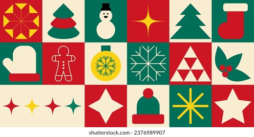 Christmas icons elements with geometric seamless pattern. Can use for wrapping paper, background, wallpaper