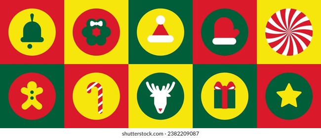 Christmas icons elements with geometric seamless vector pattern for wrapping paper, background, wallpaper.  Bauhaus style Merry Christmas poster. Christmas icon set. Flat set of christmas vector icons