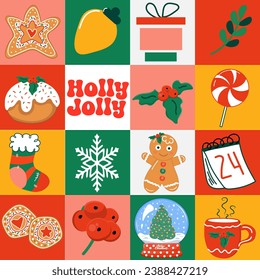 Christmas icons elements with geometric seamless vector pattern for wrapping paper, background, wallpaper. Holiday season trendy, contemporary abstract design. Modern style. Flat vector illustration.