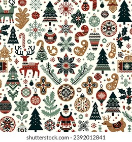 Christmas icons elements with geometric seamless pattern for wrapping paper, background, wallpaper. Holiday season, Trendy, abstract design. Vector 