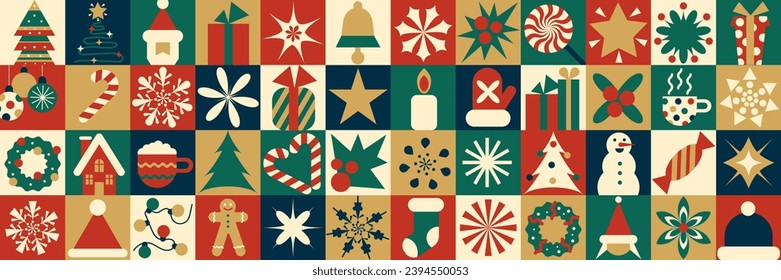 Christmas icons elements with geometric seamless vector pattern for wrapping paper, background, wallpaper. Holiday season, modern, contemporary abstract design.
