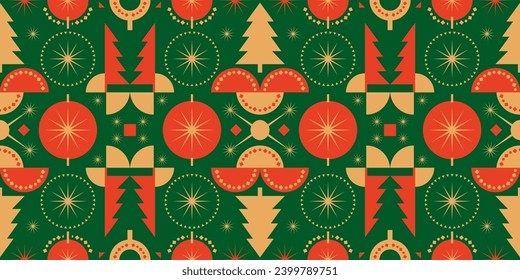 Christmas icons elements with geometric seamless pattern. Web banner, poster, background, wallpaper. Holiday season, Contemporary abstract design. Flat vector illustration. 
