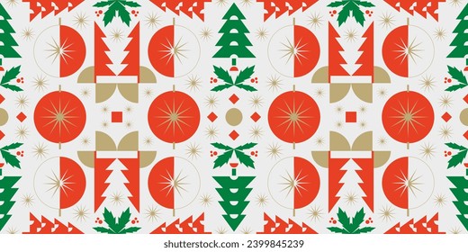 Christmas icons elements with geometric seamless pattern. Web banner, poster, background, wallpaper. Holiday season, Contemporary abstract design. Flat vector illustration. 