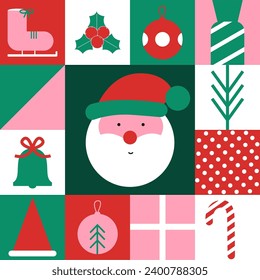 Christmas icons elements with geometric seamless pattern for wrapping paper, background, wallpaper. Holiday season, Trendy, contemporary abstract design. Modern style. Flat vector illustration.