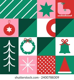 Christmas icons elements with geometric seamless pattern for wrapping paper, background, wallpaper. Holiday season, Trendy, contemporary abstract design. Modern style. Flat vector illustration.