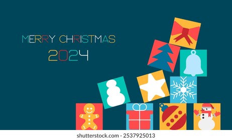 Christmas icons elements with geometric seamless pattern. Web banner, background, wallpaper. Holiday season, Contemporary abstract design. Flat vector illustration. stock illustration
